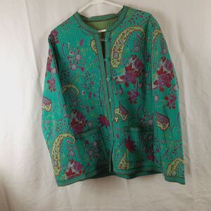 Provence Womens Large Quilted Reversible Jacket Teal & Green Paisley Floral